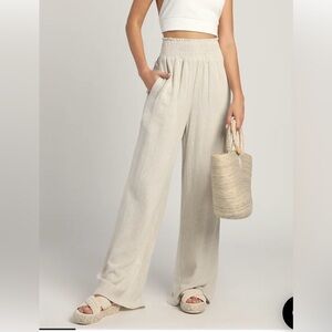Lulus Hit the Breeze Beige Smocked Wide-Leg Pants